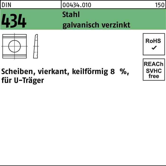 U-Scheibe DIN 434 vierkant keilförmig 22 Stahl galv.verz. Neigung 8% 100St.