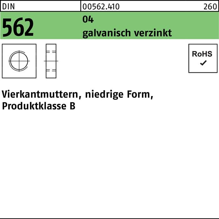 Vierkantmutter DIN 562 niedrige FormM10 SW 17 Automatenstahl galv.verz. 100St.