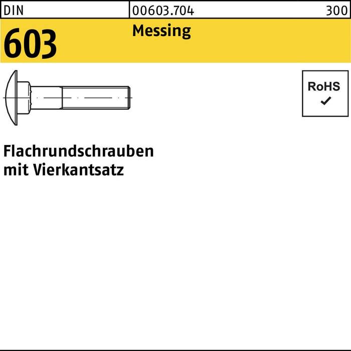 Ein Etikett zeigt eine flache runde Schraube mit Vierkantansatz, DIN 603, aus Messing. RoHS-konform. Code: 00603.704, Menge: 300.
