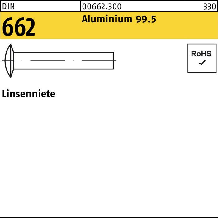 Die Abbildung zeigt die Spezifikationen für einen DIN 662 Senkkopfnieten aus 99,5% Aluminium, mit der Teilenummer 0662.300, RoHS-konform.