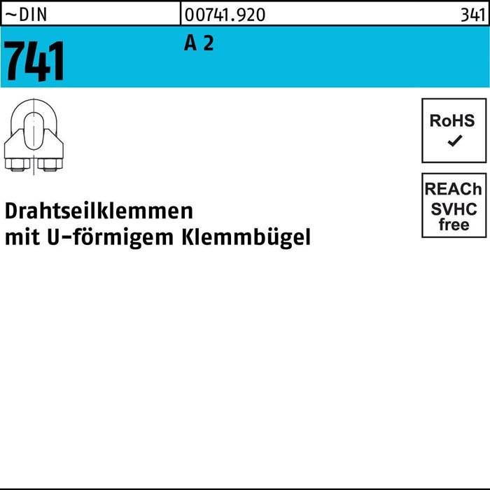 DRAHTSEILKLEMMEN mit U-förmigem Klemmbügel ist als Artikel 341, RoHS-konform, mit Code 00741920 gekennzeichnet.