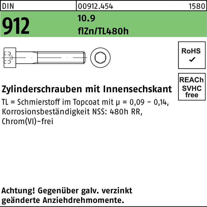 Zylinderschraube DIN 912 Innen-6kt M8x16 10.9 flZnnc 480h-L 200St.