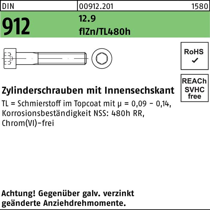 Zylinderschraube DIN 912 Innen-6kt M6x65 12.9 flZnnc 480h-L 200St.