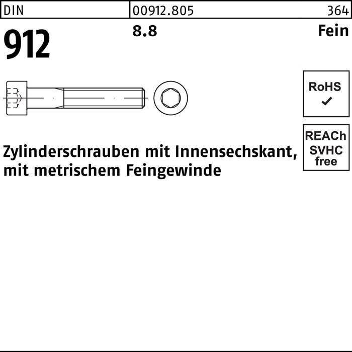 Zylinderschraube DIN 912 Innen-6kt M12x1,5x 40 8.8 100 Stück
