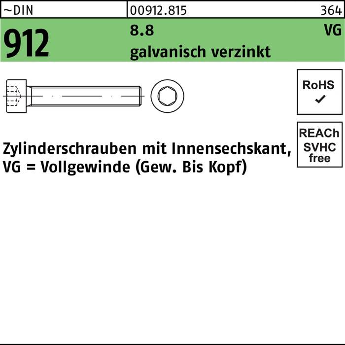 Zylinderschraube DIN 912 Innen-6kt VG M8x75 8.8 galv.verz. 200St.