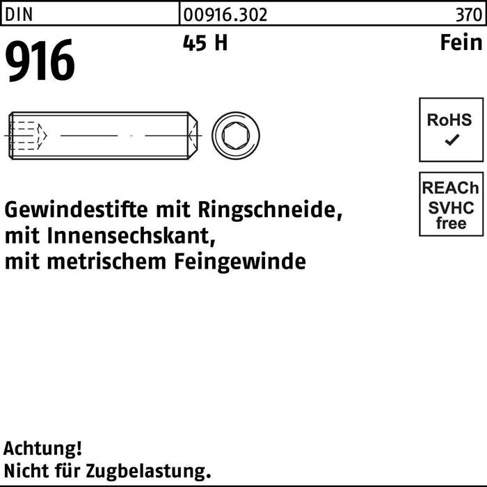 Diagramm eines Gewindestifts mit Sechskopf mit dem Titel 'Gewindestifte'. Er erfüllt RoHS- und REACH-Normen. Hinweis: 'Nicht für Zugbelastung.