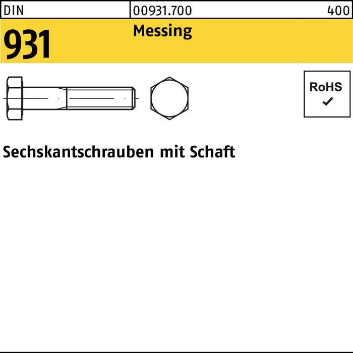 931 Messing: Sechskantschrauben mit Schaft.' Darstellung eines Sechskantschrauben und einer Endansicht. RoHS-konform.
