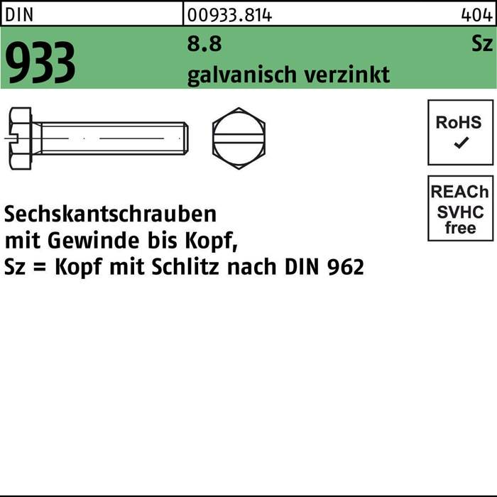 Schraube '933', Sechskopf, vollgewindigt, verzinkt, 8.8 Stahl, RoHS- und REACH-konform. Geeignet für Bearbeitungsanwendungen.