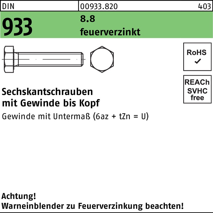 Sechskantschraube DIN 933 VG M20x 130 8.8 feuerverz. 1 Stück