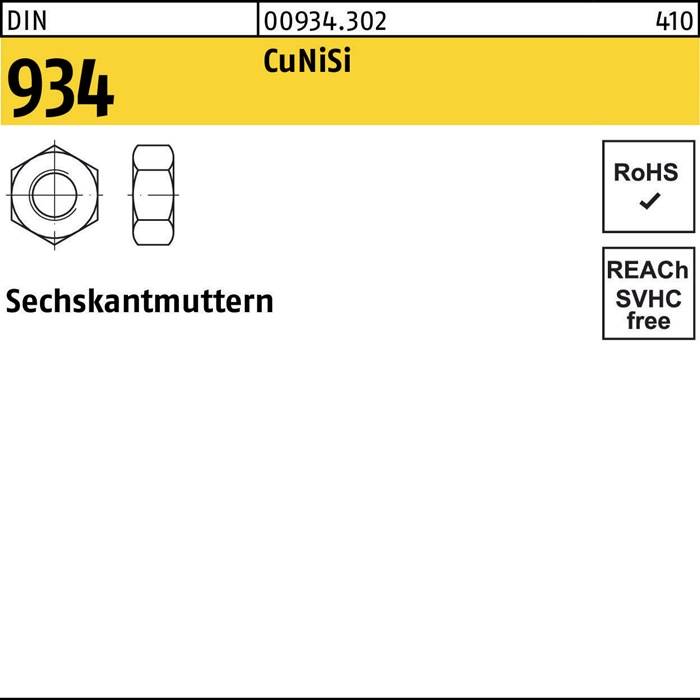 Schematische Darstellung einer Sechskantmutter mit der Bezeichnung 'DIN 934'. Spezifikationen umfassen CuNiSi-Material, RoHS- und REACH-Konformität rechts angegeben.