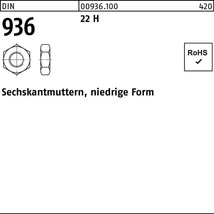 Diagramm einer Sechskantmutter mit Vorder- und Seitenansicht, beschriftet mit 'Sechskantmuttern, niedrige Form'. Enthält 'DIN 936' und 'RoHS' Konformität.