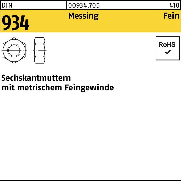 Muttern mit metrischem Feingewinde, dargestellt mit Vorder- und Seitenansicht. Entspricht DIN 934 Standard, Katalognummer 00934.705, RoHS-konform.
