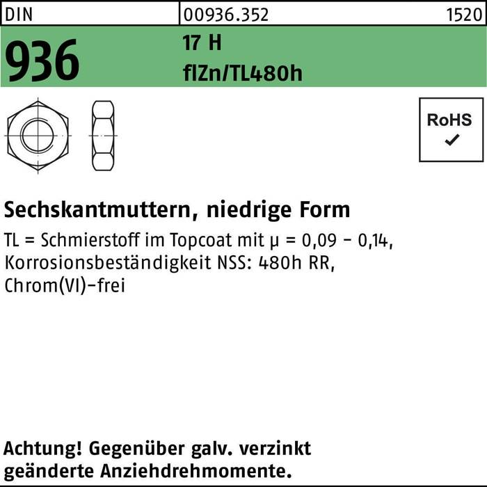 Eine Abbildung einer Sechskantmutter mit Maßangaben, beschriftet mit 