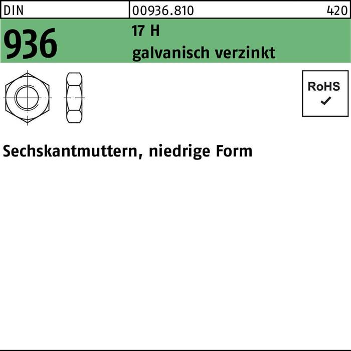 Sechskantmuttern, flach, verzinkt, mit Grafiken der Ober- und Seitenansicht, RoHS-Konformitätsprüfzeichen und Referenzcode '936 17 H