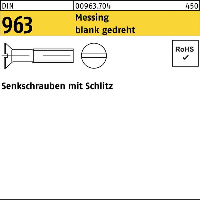 Messing blank gedrehte Schraube mit Bezeichnung DIN 963, mit technischer Zeichnung und 'RoHS' Konformitätssymbol.