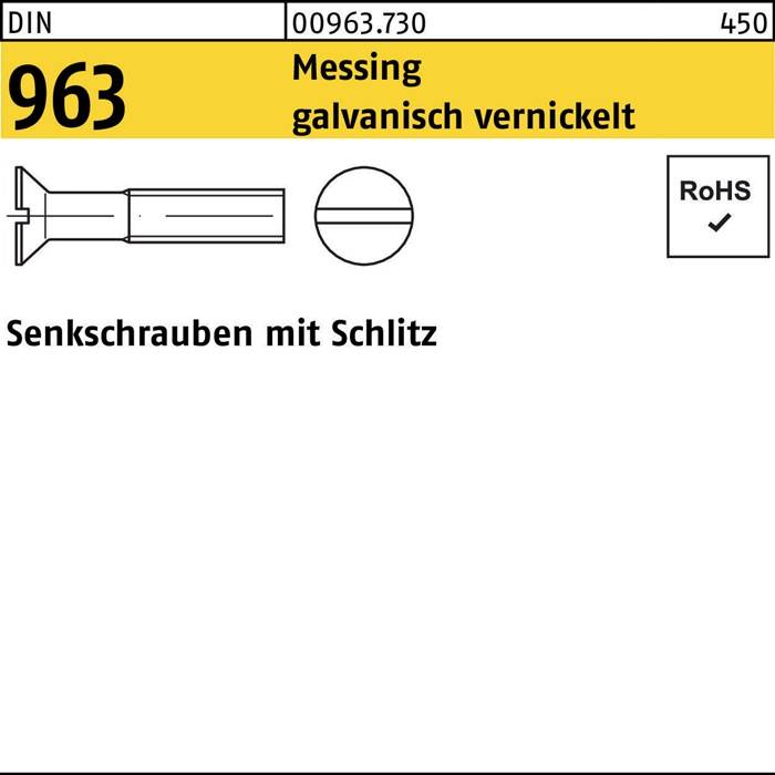 Senkkopf-Schlitzschraube aus galvanisch vernickelte Messing, RoHS-konform nach DIN 963.