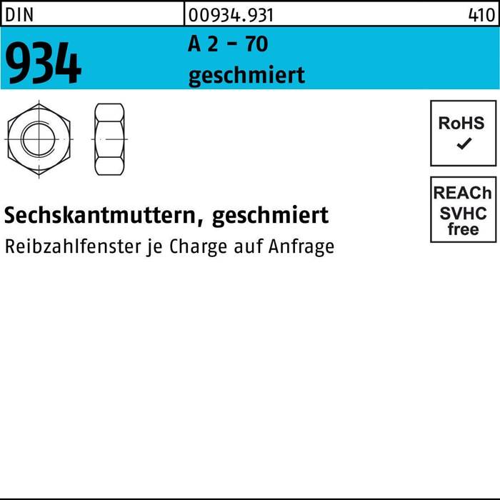 Sechskantmutter, DIN 934, Stahl, Güte A2-70, geschmiert. RoHS- und REACH-konform.