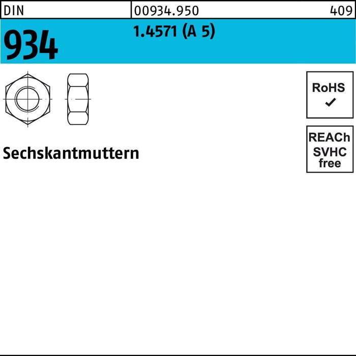 Die Abbildung zeigt eine technische Zeichnung einer Sechskantmutter mit dem Text ‚Sechskantmuttern'. Sie enthält Materialinformationen und Konformitätsangaben.