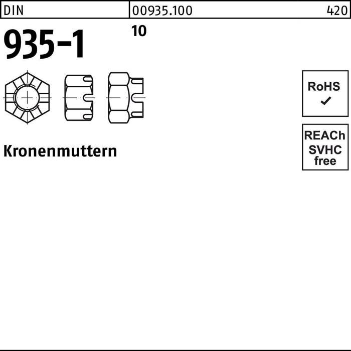 Das Bild zeigt eine technische Zeichnung einer Kronenmutter mit deutscher Beschriftung 'Kronenmutter', Spezifikationen 'DIN 935-1' sowie Symbole für RoHS- und SVHC-Konformität.