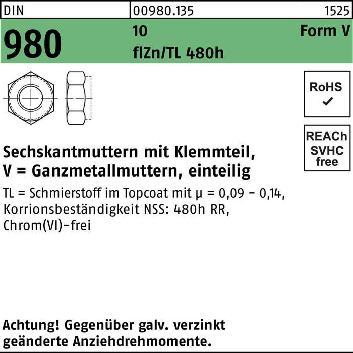 Sechskantmutter, einteilig, verzinkt; Toleranzklasse: 48h RR, RoHS-konform, SVHC-frei. Wesentlich für eine sichere Befestigung.