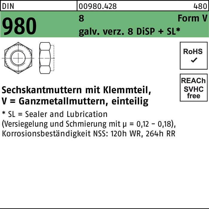 Sechskantmuttern mit Flansch, einteilig, spezifiziert Sechskantmuttern mit Flansch in einheitlicher Bauweise. Bemerkenswerte Details sind die RoHS- und SVHC-Konformität.