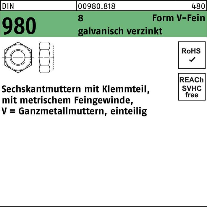 Sechskantmutter mit Klemmstück, Feingewinde metrisch, verzinkt. RoHS-konform und REACH-frei.
