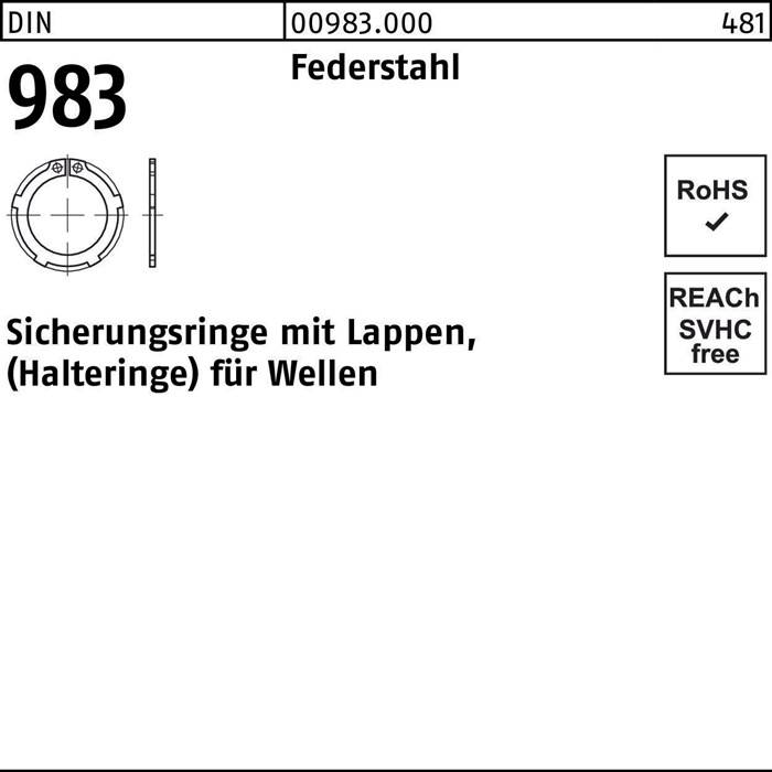 Eine Schematische Darstellung eines Sicherungsringes aus Federstahl. Enthält Produktnummer 983, RoHS-Konformität und Informationen auf Deutsch.