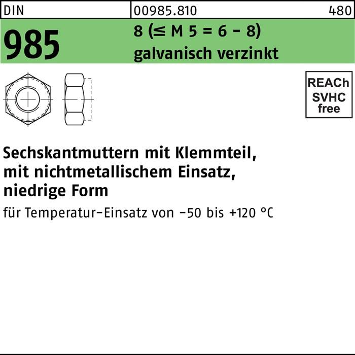Sechskantmutter DIN 985 Klemmteil M45 8 (=M 5 = 6/8 ) galv.verz. 1St.