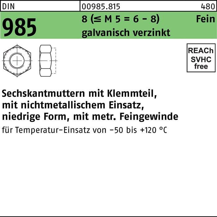 Sechskantmutter DIN 985 Klemmteil M22x1,5 8 (=M 5 = 6/8 ) galv.verz. 25St.