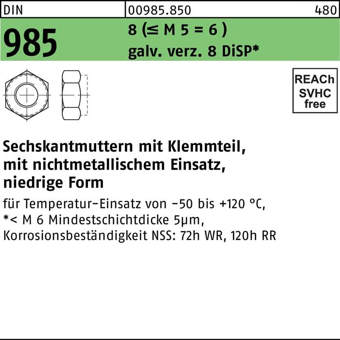 Sechskantmutter DIN 985 Klemmteil M4 8 (=M5 = 6 ) galv.verz. 8 DiSP 1000St.