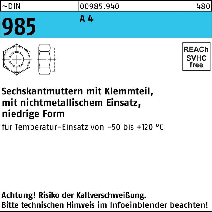 Sechskantmutter DIN 985 Klemmteil M12 A 4 25 Stück