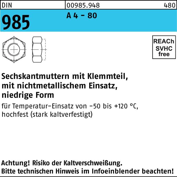 Sechskantmutter DIN 985 Klemmteil M12 A 4 - 80 250 Stück