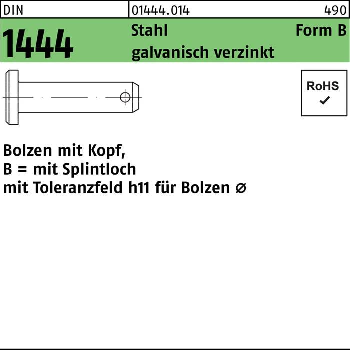 Bolzen DIN 1444/ISO 2341 Kopf/Splintloch B 20x50/42 Stahl galv.verz. 1St.