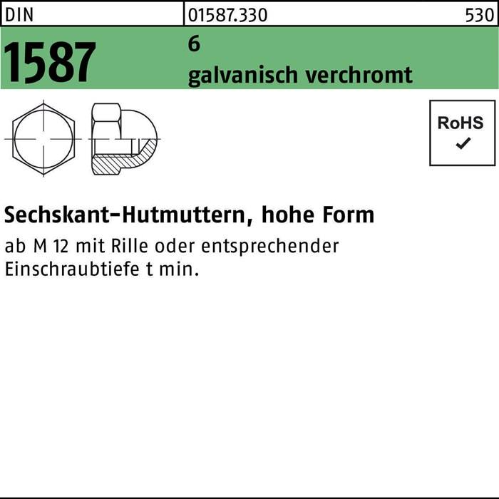 Sechskanthutmutter DIN 1587 M8 6 galv. verchromt 50 Stück