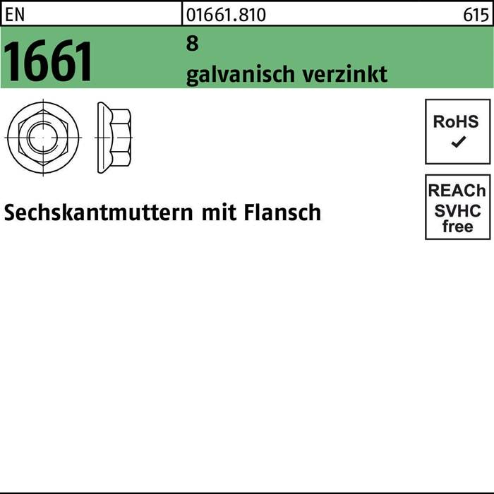 Sechskantmuttern mit Flansch, galvanisch beschichtet, Artikel 1661, Teilenummer 0161.810, in Übereinstimmung mit RoHS- und SVHC-freien Standards.