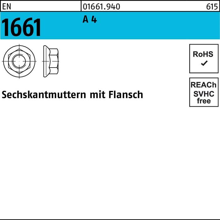 Technische Zeichnung einer Sechskantmutter mit Flansch, beschriftet 'A4 0161.940'. Text lautet 'Sechskantmuttern mit Flansch'. Enthält RoHS- und REACH-Konformitätssymbole.