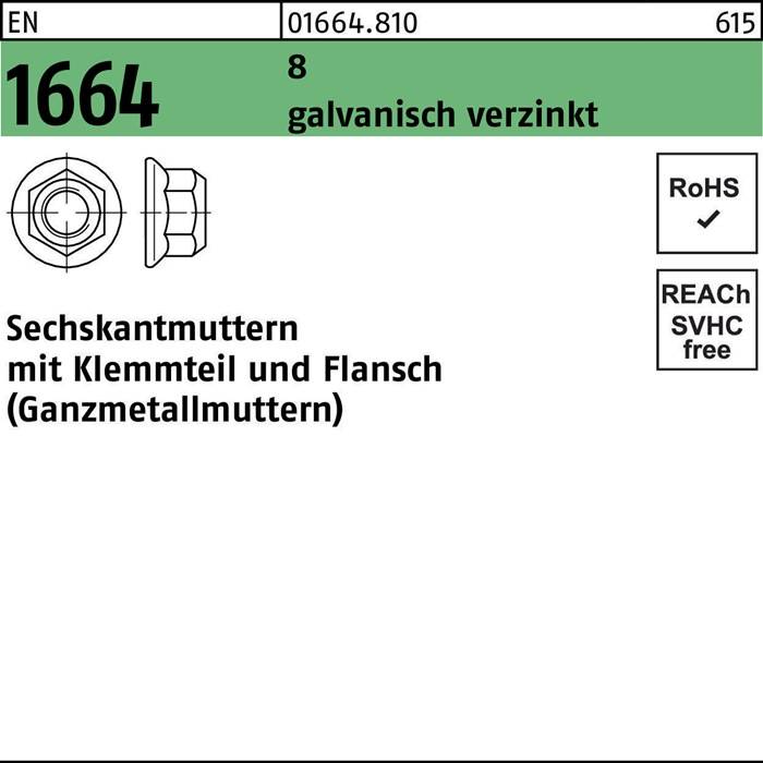 Muttern, verzinkt, mit Klemmkomponente und Flansch (vollmetallische Muttern), Produktcode 1664, RoHS- und REACH-konform.