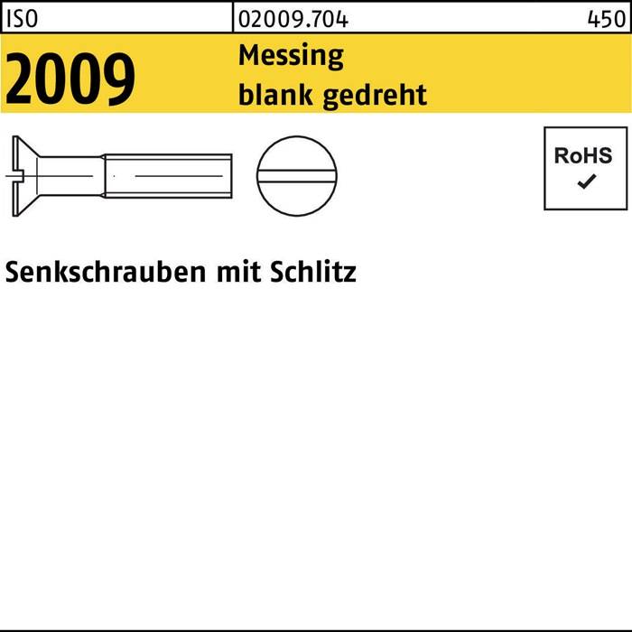 2009 Messing blank gedreht' über einer Linienzeichnung einer geschlitzten Gewindestifte. Text darunter: 'Senkschrauben mit Schlitz'. RoHS-Konformität angegeben.