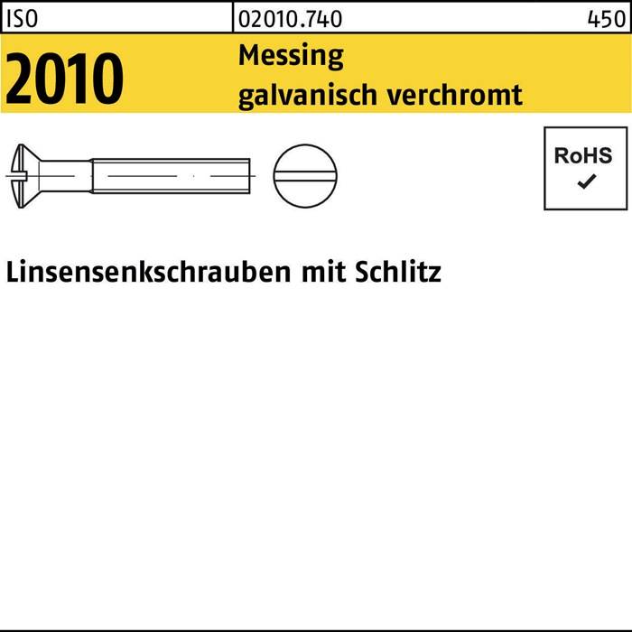 2010 Linsensenkkopfschrauben mit Schlitz', ISO 450, Messing galvanisch verchromt. Illustrierte Schraube und RoHS-Konformitätslogo.