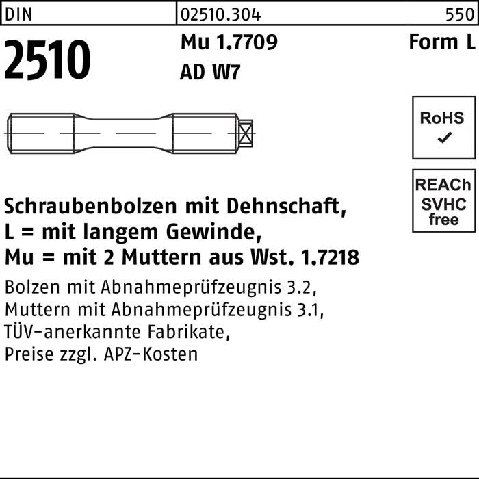 Schraubenbolzen DIN 2510 Dehnschaft/2Muttern LM 24x 115 Mu 1.7709 1 Stück