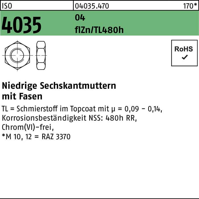 Sechskantmutter mit geringer Festigkeit, verzinkt. Abmessungen und Normen sind dargestellt, einschließlich ISO 4035. Der deutsche Text spezifiziert weitere Details.