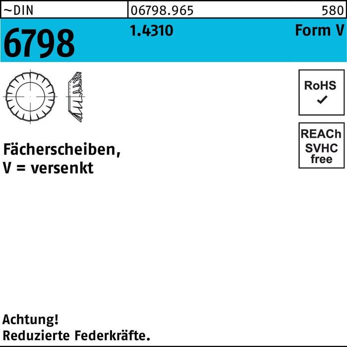 Diagramm einer Scheibenfeder 6798 aus Stahl 1.4310. Merkmale umfassen reduzierte Federkraft und RoHS-Konformität. Warnung: Reduzierte Federkraft.