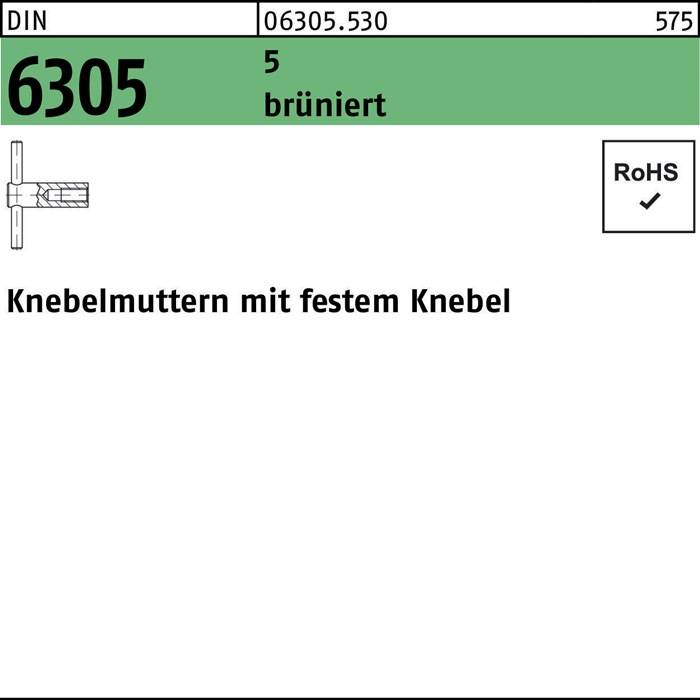 Das Bild zeigt eine technische Beschriftung für 'Knebelmuttern mit festem Knebel' mit der Teilenummer 06305.530, die ein RoHS-konformes Produkt anzeigt.