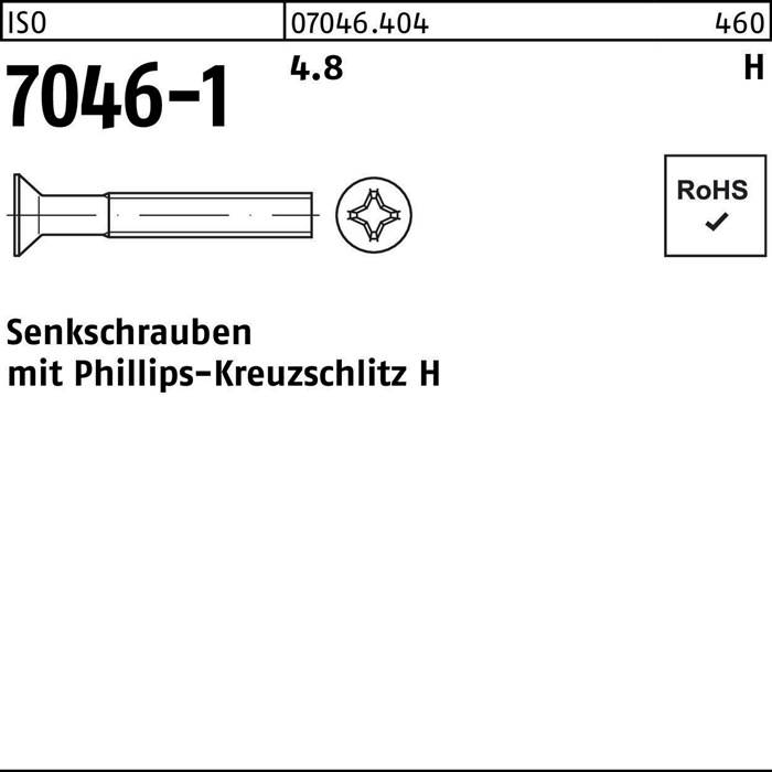 Diagramm einer Schraube mit Kreuzschlitz, beschriftet mit '7046-1'. ISO-Nummern '07046.404' und Dimension '4.8/460' angegeben. RoHS-konform.