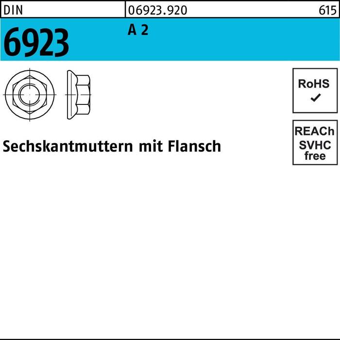 Sechskantmuttern mit Flansch' Diagramm, zeigt Sechskantmutter mit Flanschdesign, Teilenummer 06923.920, RoHS- und REACH-Konformität angegeben.