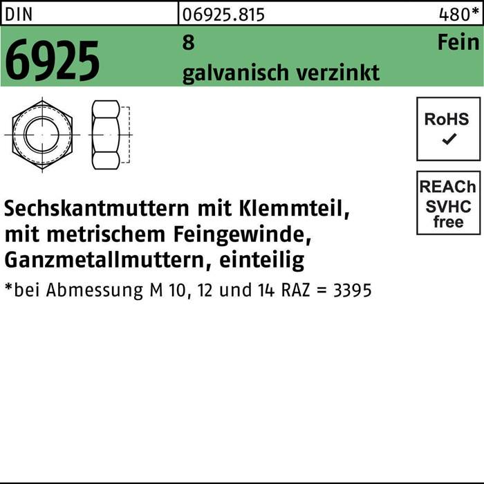 Eine Sechskantmutter, feingewinde mit metrischen Abmessungen, einteilig, mit den Abmessungen 10, 12, 14 RAZ = 339.
