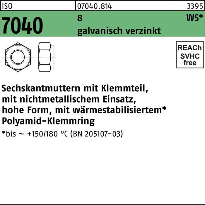 Sechskantmutter ISO 7040 Klemmteil M16 8 galv.verz. brauner Ring 200St.