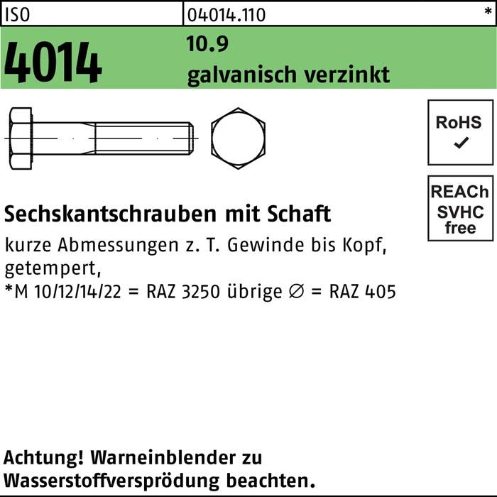 Sechskantschraube ISO 4014 Schaft M20x 250 10.9 galv.verz. 1 Stück