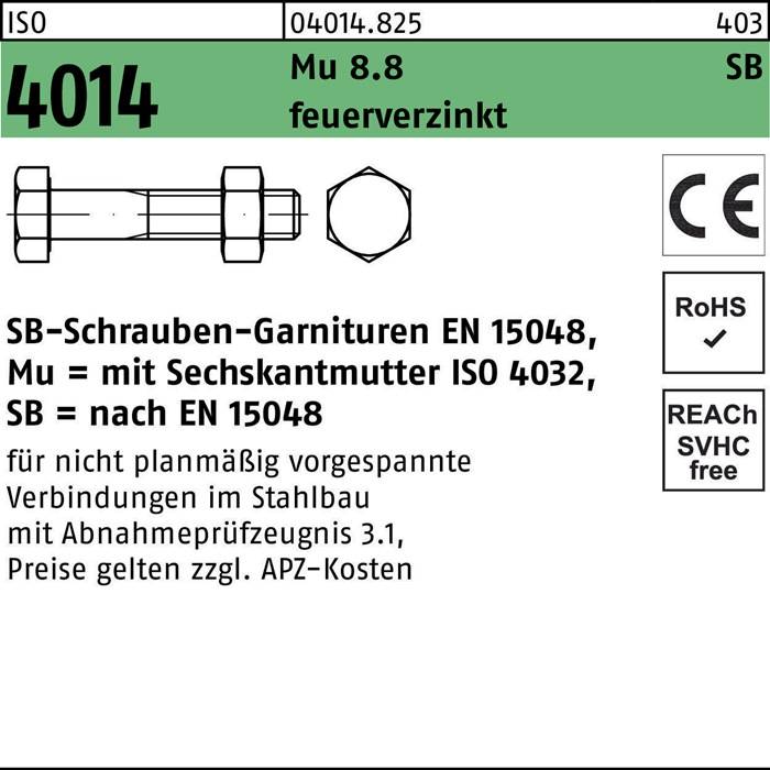 Sechskantschraube ISO 4014 Schaft/Mutter M16x 160 8.8 feuerverz. SB 25St.