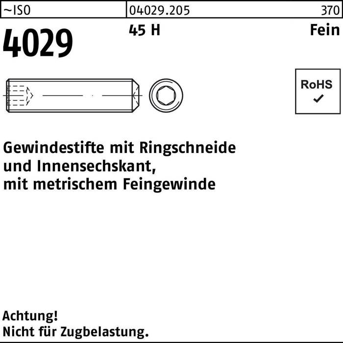 Gewindestifte mit Ringschneide und metrischem Feingewinde, Achtung! Nicht für Zugbelastung.' Enthält eine Schraubendiagramm und RoHS-Logo.